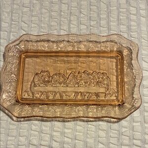 Vintage Rectangular Pink Depression Glass Tray with Last Supper Design